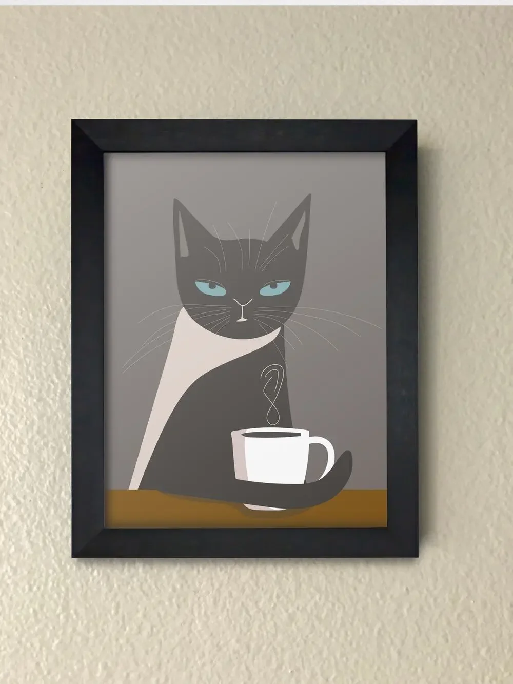 Morning Coffee Cat Framed Wall Art | Kitten & Espresso Print | Kitchen Decor